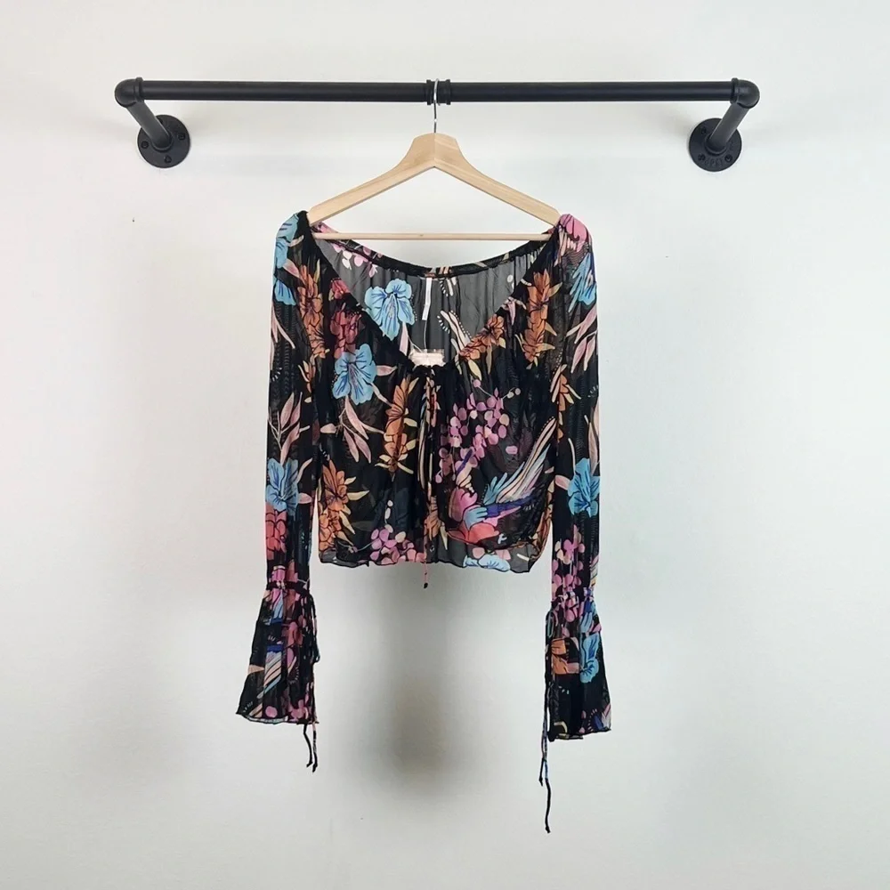 NWT Free People Of Paradise Floral Mesh Flyaway Top Black Combo